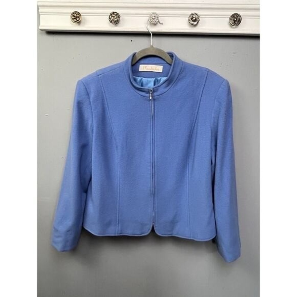 Mainbocher Jacket Womens 14 Blue Wool‎ Cashmere Blend Zip Front Mock Neck Career